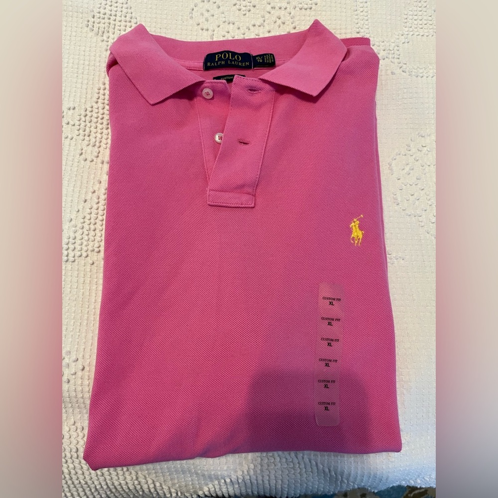 Ralph Lauren Polo Shirt, Pink w/ Yellow Logo , Pique Cotton, XL Custom Fit, NWOT